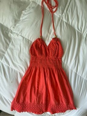 Y2K Women's Crochet Halter Sundress - Coral Red
